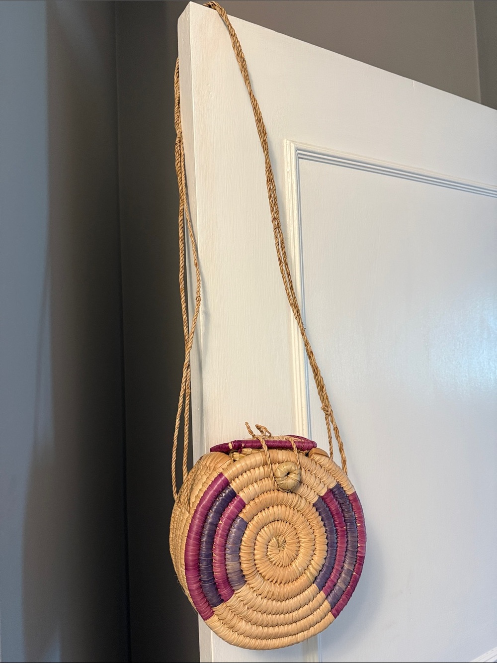 Handwoven Round Straw Crossbody Bag in Natural and Purple